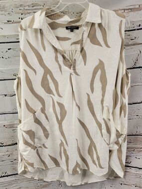 For Cynthia 2X Linen Blend Tunic Top – Abstract Wave Print Sleeveless Lagenlook